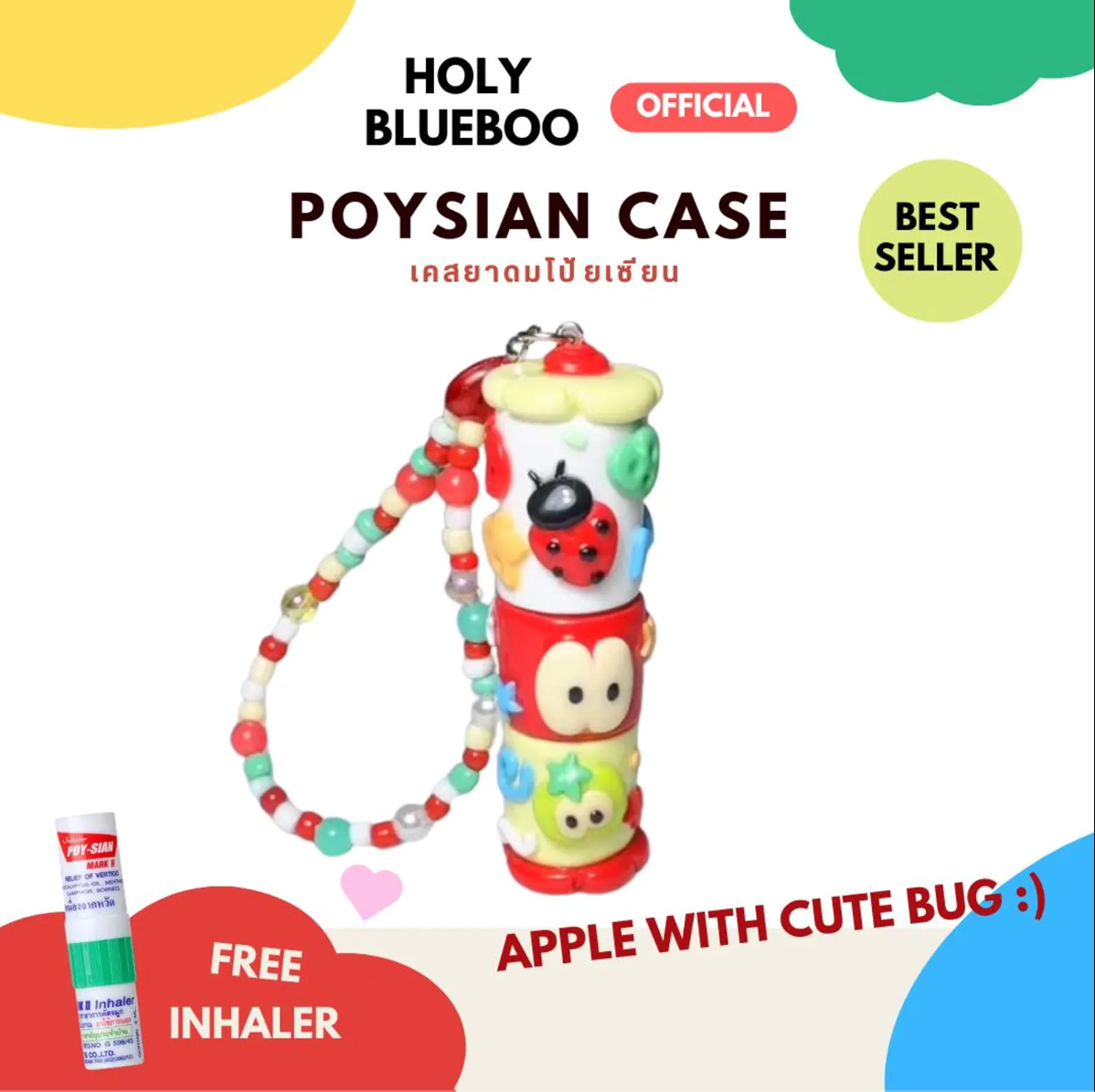 Apple with cute bug Inhaler Stick Case: Polymer Clay Beads Strap
